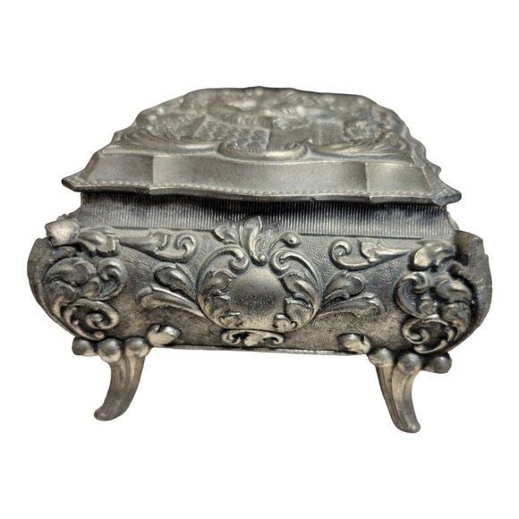 Vintage Footed 3D Victorian Style Silver Metal Trinket Jewelry Velvet Lined - Picture 5 of 10